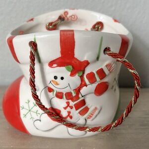 Snowman‎ Christmas Ceramic Boot Basket w/ Rope Handle Holiday Candy Holder Y2K